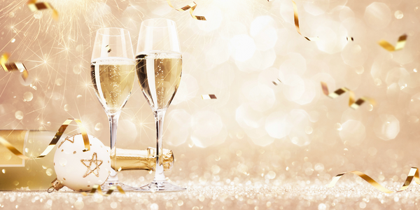 Champagne glasses on a festive table at a New Years Eve party